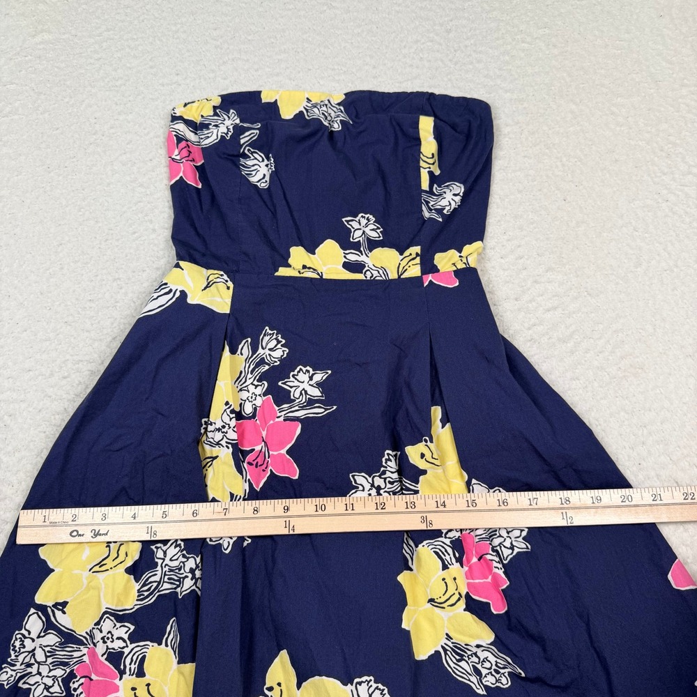 Lilly Pulitzer Strapless Dress 2 Navy Blue Floral Fit Flare Cotton Cruise Beach - Picture 10 of 13